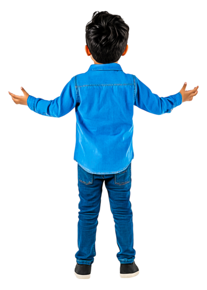 Child in Blue Denim Shirt and Jeans Spreading Arms in Excitement png