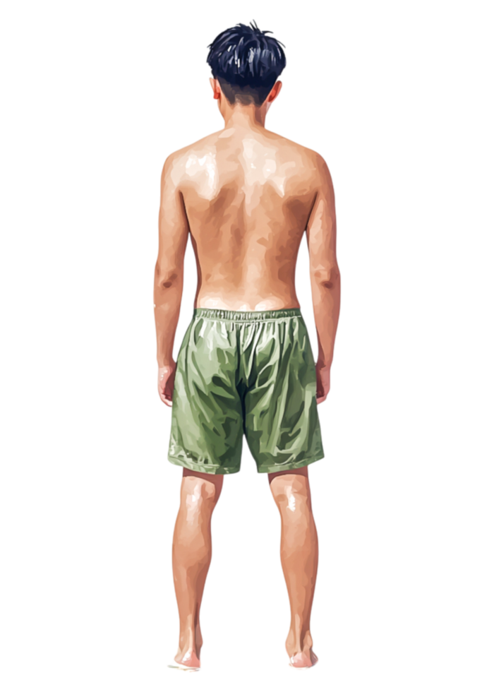 Young Man from Behind with a Bare Back and Green Swim Shorts png