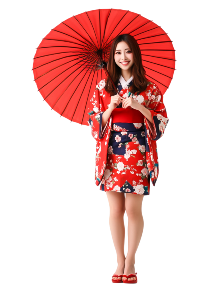 Beautiful Woman in Red Kimono Holding a Traditional Umbrella png