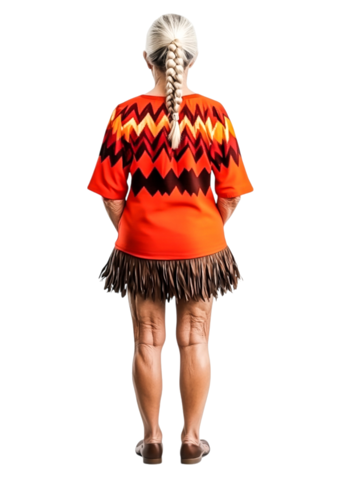 Senior Woman in Vibrant Costume with Braided Hair Facing Back png