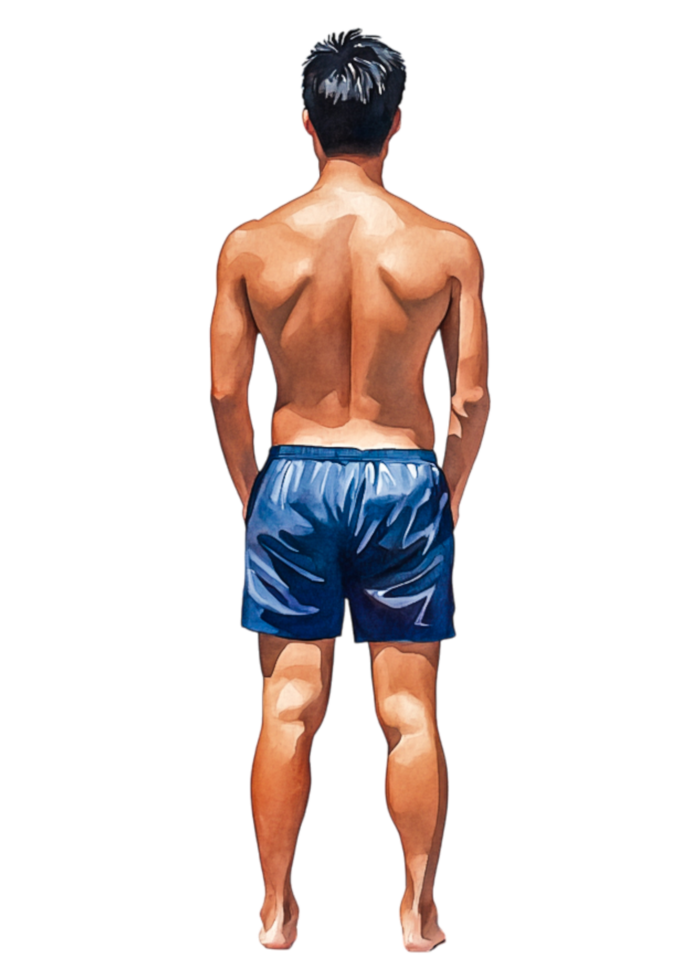 Man Standing with Bare Back in Blue Swim Shorts, Minimalist Style png