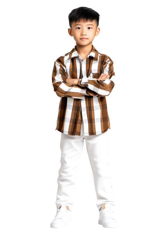 Stylish Young Boy in Brown Plaid Shirt and White Pants Posing Confidently png