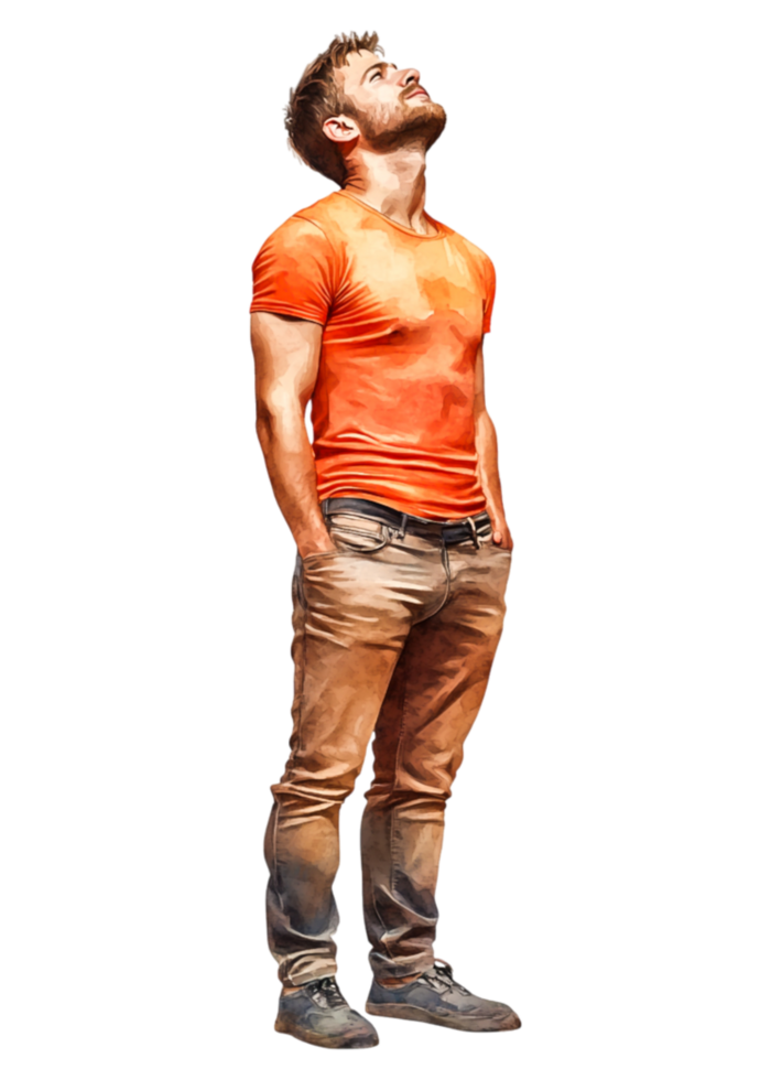 Young man in orange shirt looking up with a confident expression png
