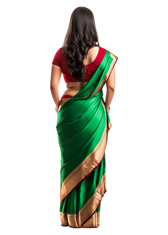 Elegant Woman in Green and Gold Saree from Back View png