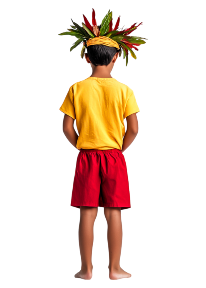 Child in Colorful Costume with Tropical Headpiece from the Back png