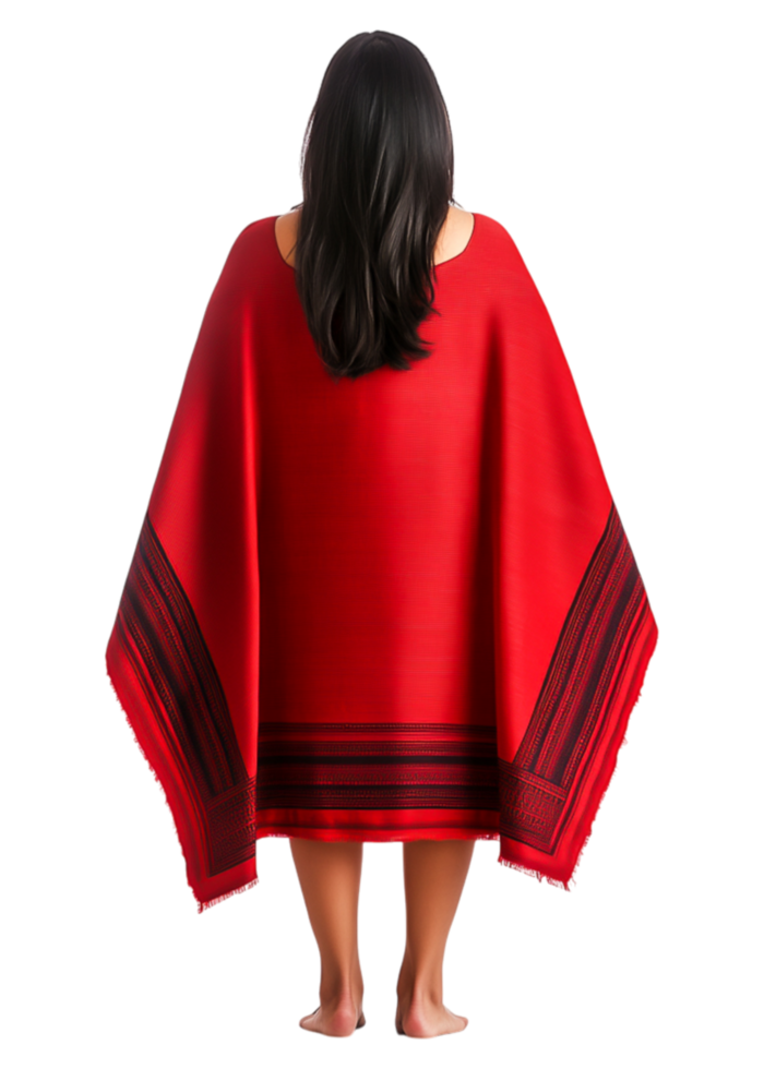 Woman in Red Poncho Standing with Back Turned, Warm and Inviting png