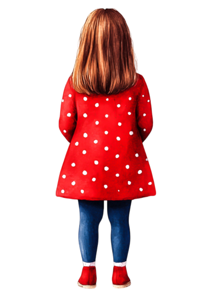 Young Girl in Red Polka Dot Dress Facing Away from Viewpoint png