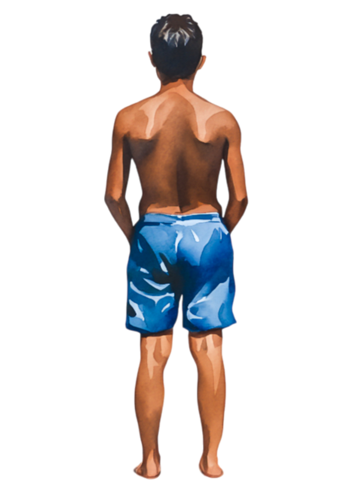 Young Boy Standing with Back Facing Toward the Ocean in Summer png