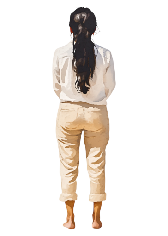Woman Standing in Casual Attire with Long Hair and Bare Feet png