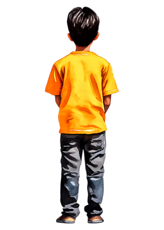 Young Boy in Bright Orange T-Shirt Standing Facing Away Outdoors png