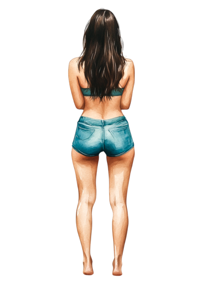 Woman in Beachwear with Long Hair and Denim Shorts from Behind png