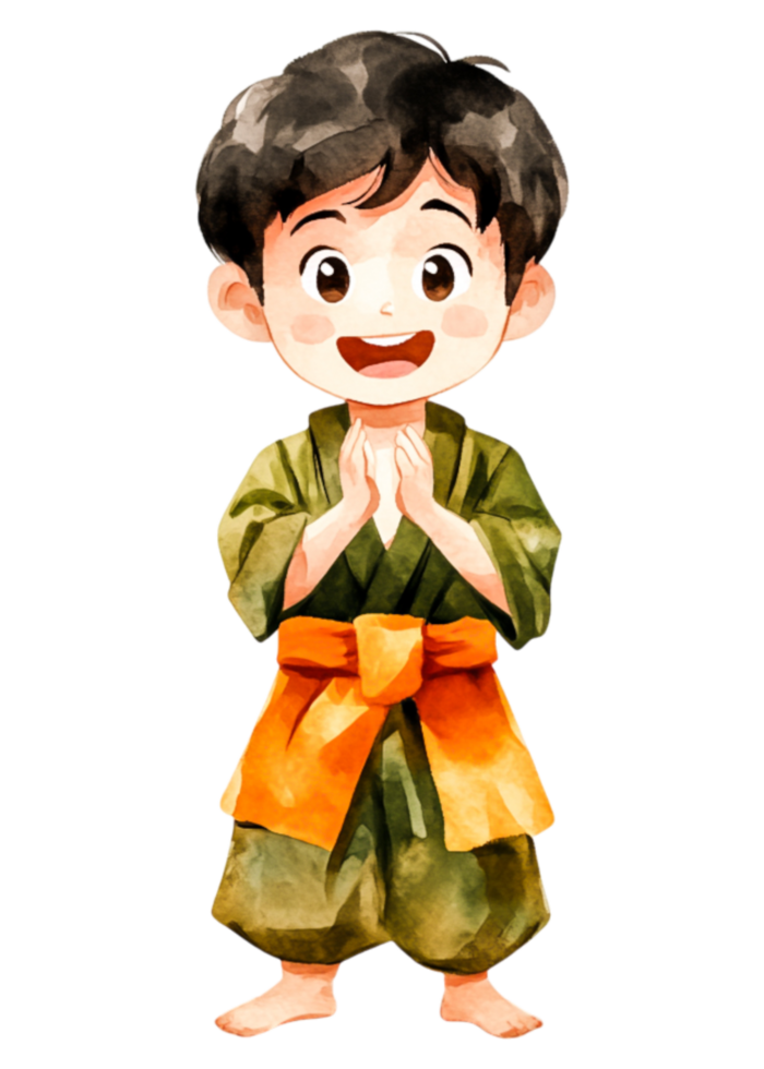 Happy Young Boy Wearing Traditional Asian Attire with Orange Sash png