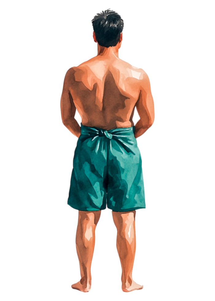 Young Man Standing with Back View in Beach Attire Near Water png