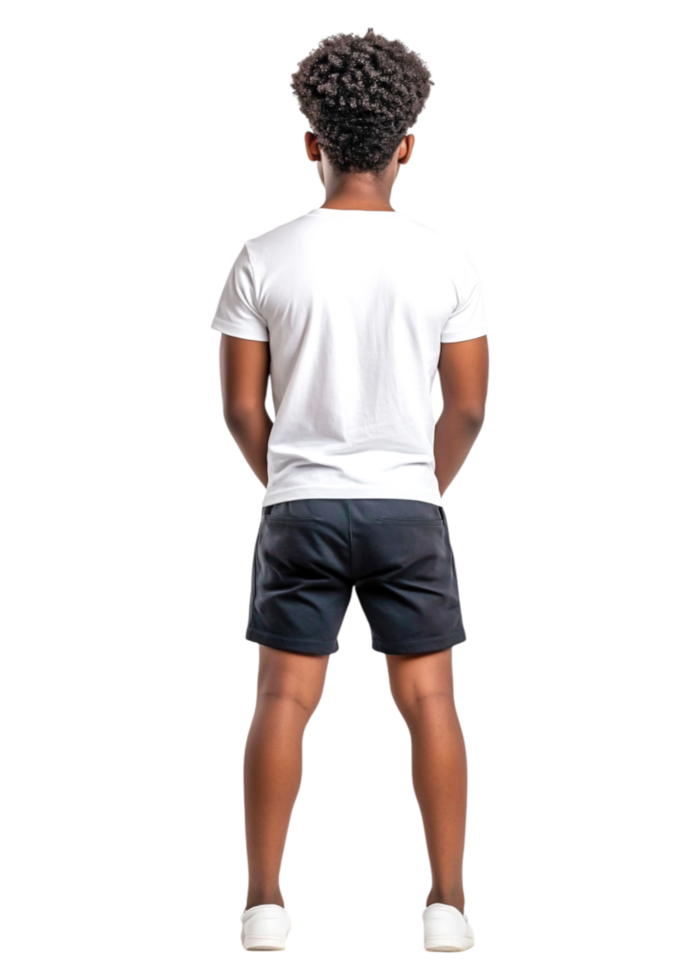 Young Boy with Curly Hair in White T-Shirt and Black Shorts png