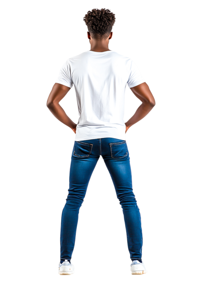 Young Man in White T-Shirt and Blue Jeans Posing with Hands on Hips png