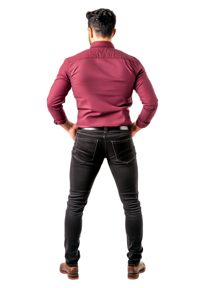 Back View of Man in Stylish Shirt and Jeans Posing Confidently png
