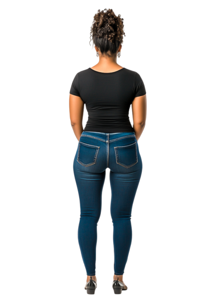 Woman in Black Top and Blue Jeans Posing from Behind in Studio png