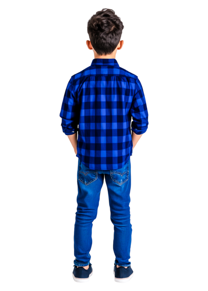 Boy in Blue Checkered Shirt with Hands in Pockets from Behind png