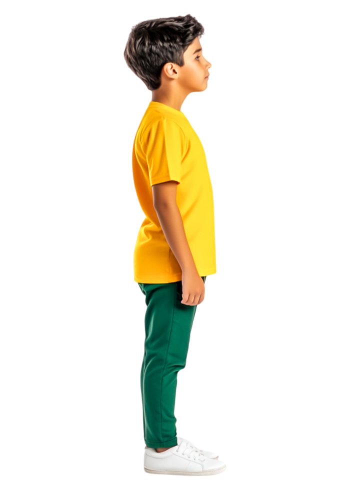 Young Boy in Yellow Shirt and Green Pants Standing in Profile View png