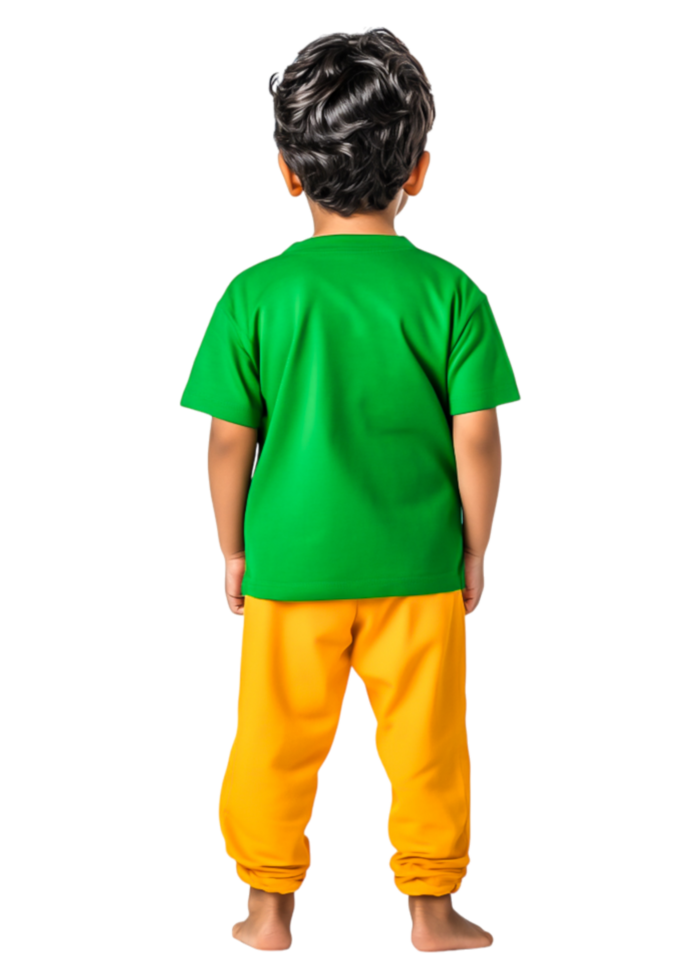 Child Wearing Colorful Outfit Stands in Back View with Bright Colors png