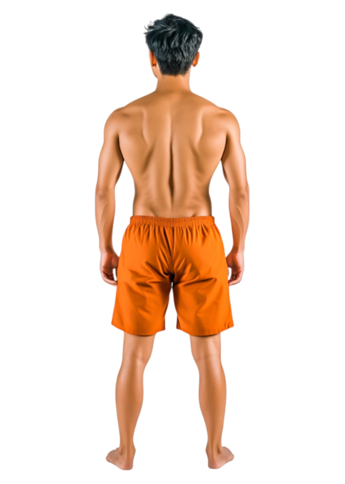 Young Man in Orange Swim Shorts Standing with His Back to Camera png