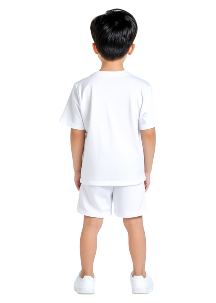 Child in White Outfit Standing with Back to Camera in Studio Setting png