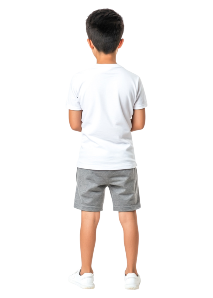 Back View of Young Boy in White Shirt and Gray Shorts on png