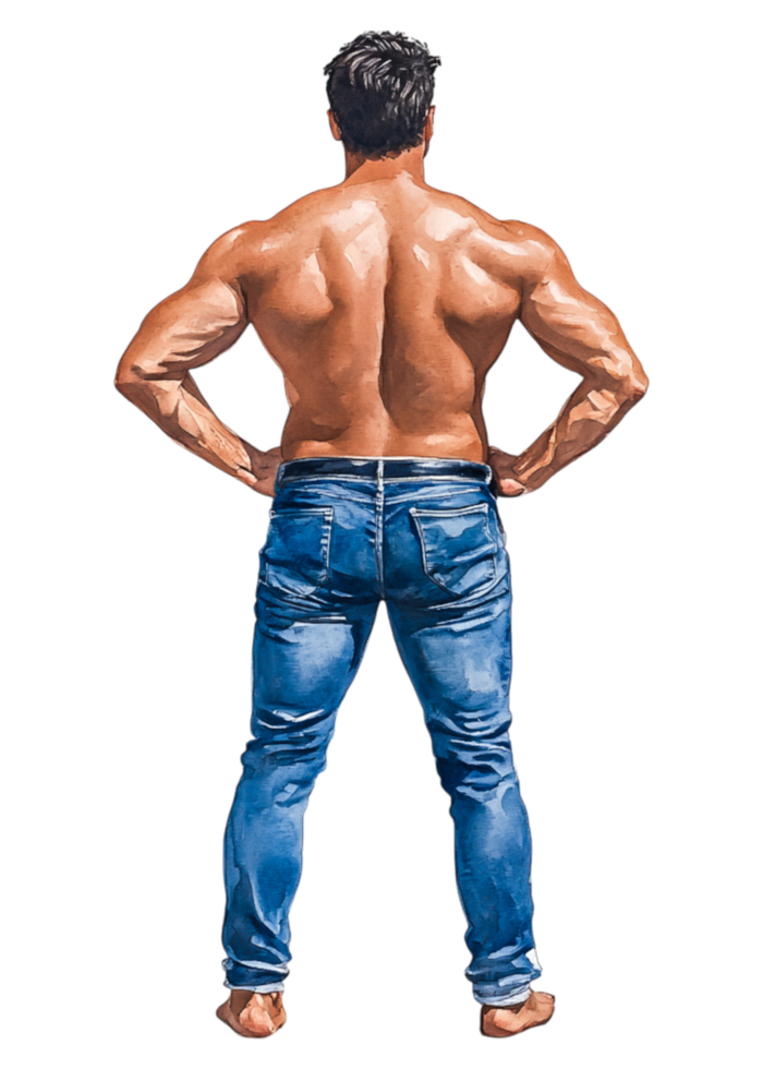 Muscular Man Standing Confidently in Jeans from Back View png