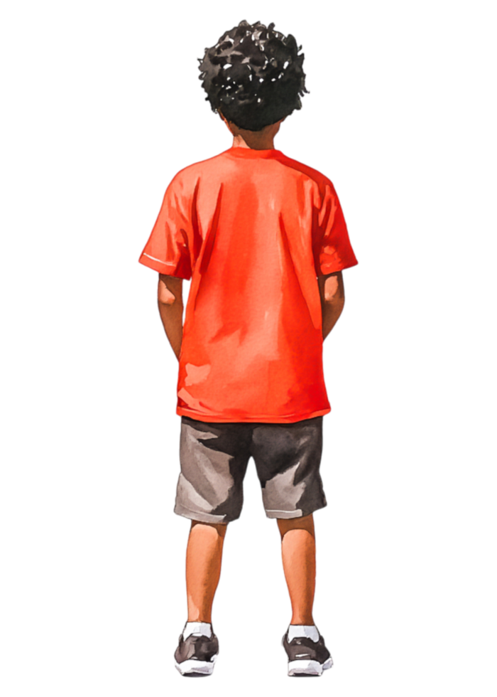 Boy in Red Shirt Standing with Back to Camera on Isolated Background png