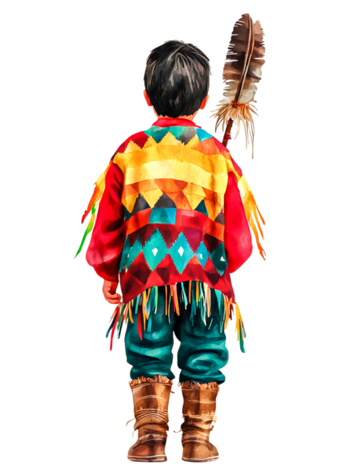 Colorful Traditional Outfit of Indigenous Child with Feather in Hair png
