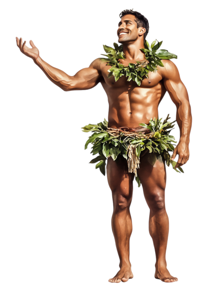 Male Dancer in Traditional Hawaiian Costume with Leaves and Smiles png