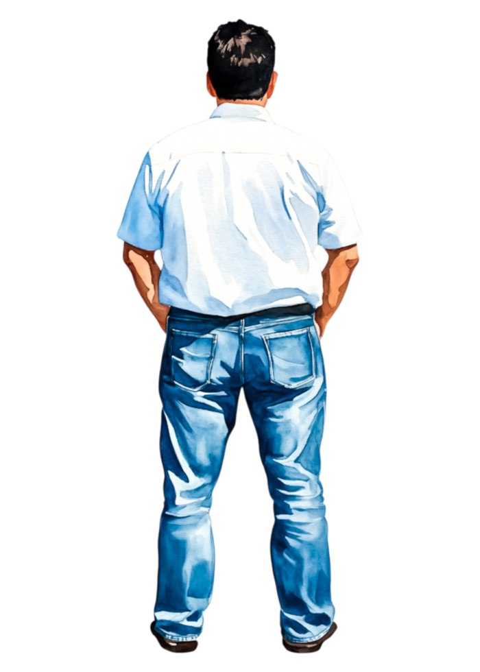 Man Standing with Hands in Pockets Wearing Casual Outfit from Back png