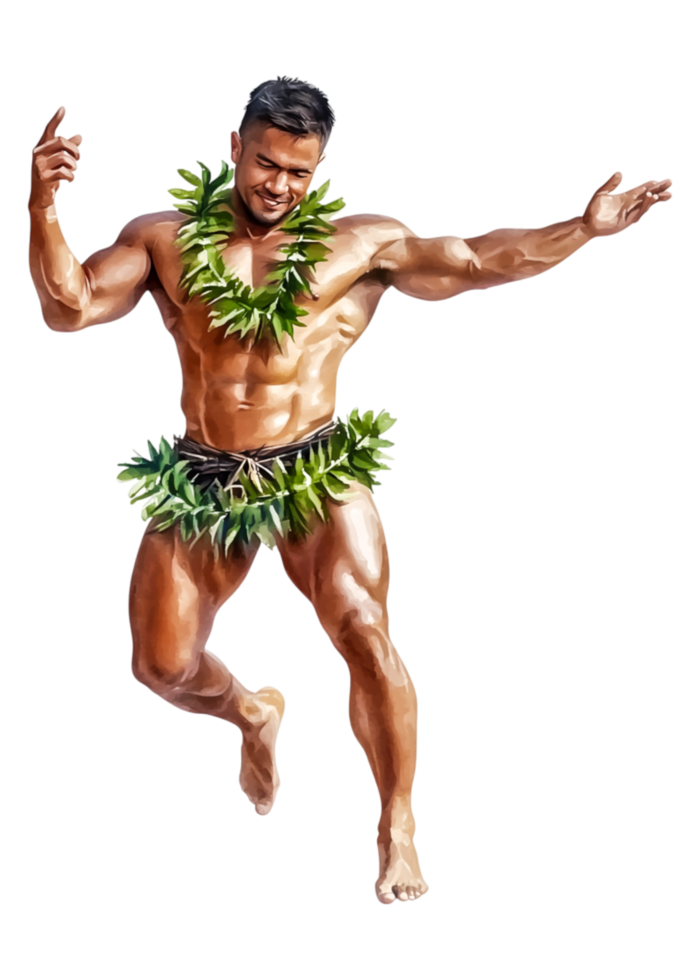 Energetic Male Dancer in Traditional Hawaiian Attire Celebrating Joy png