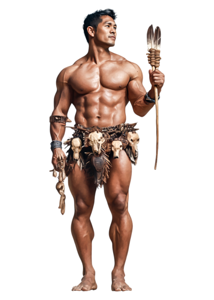 Strong Tribal Warrior Holding Feathered Spear in Primitive Costume png