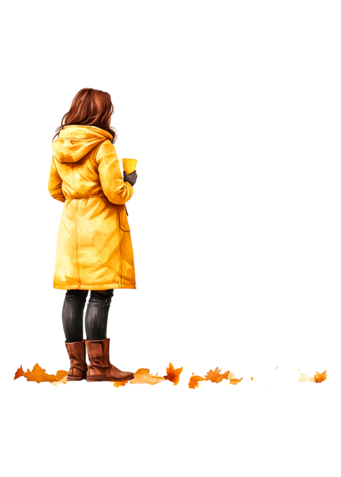Woman in Yellow Coat Standing Among Fall Leaves in Autumn Scene png
