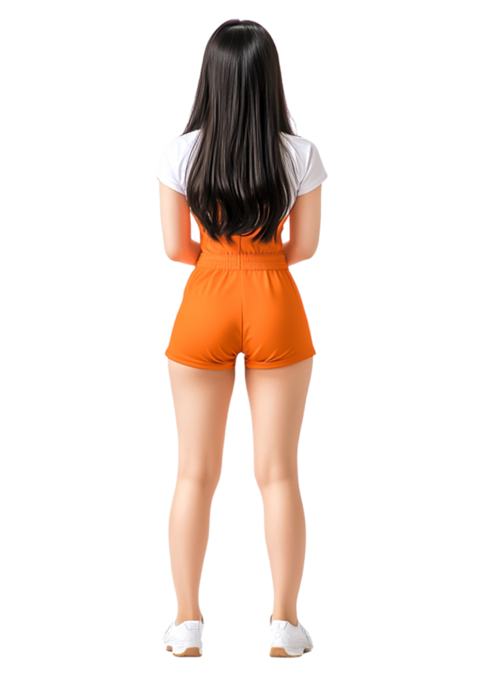 Young Woman in Orange Outfit Posing from the Back on png