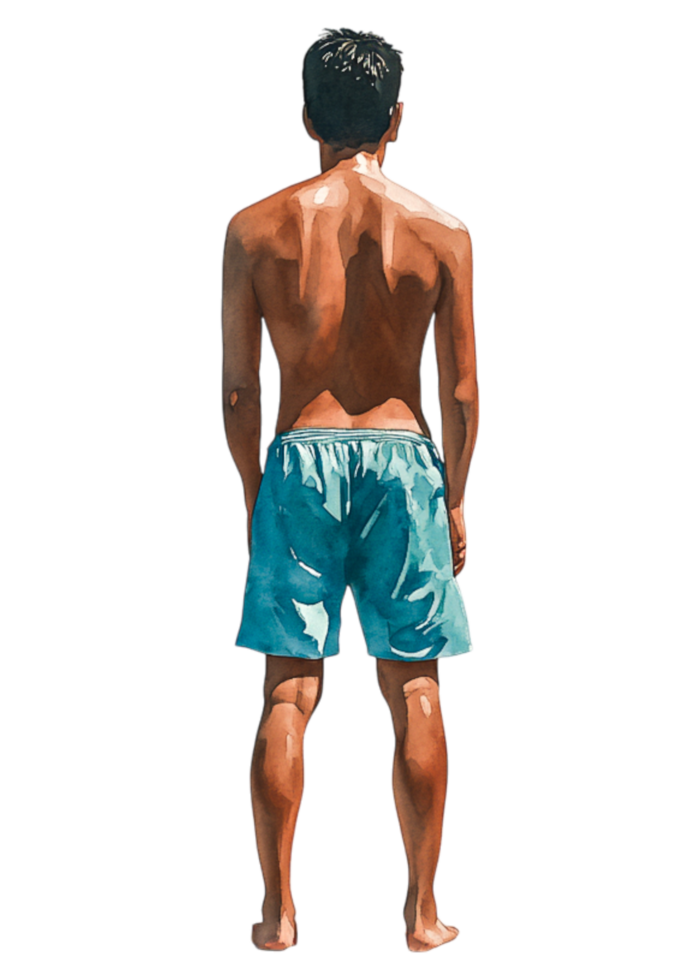 Man Standing Back View in Blue Swim Shorts at the Beach png
