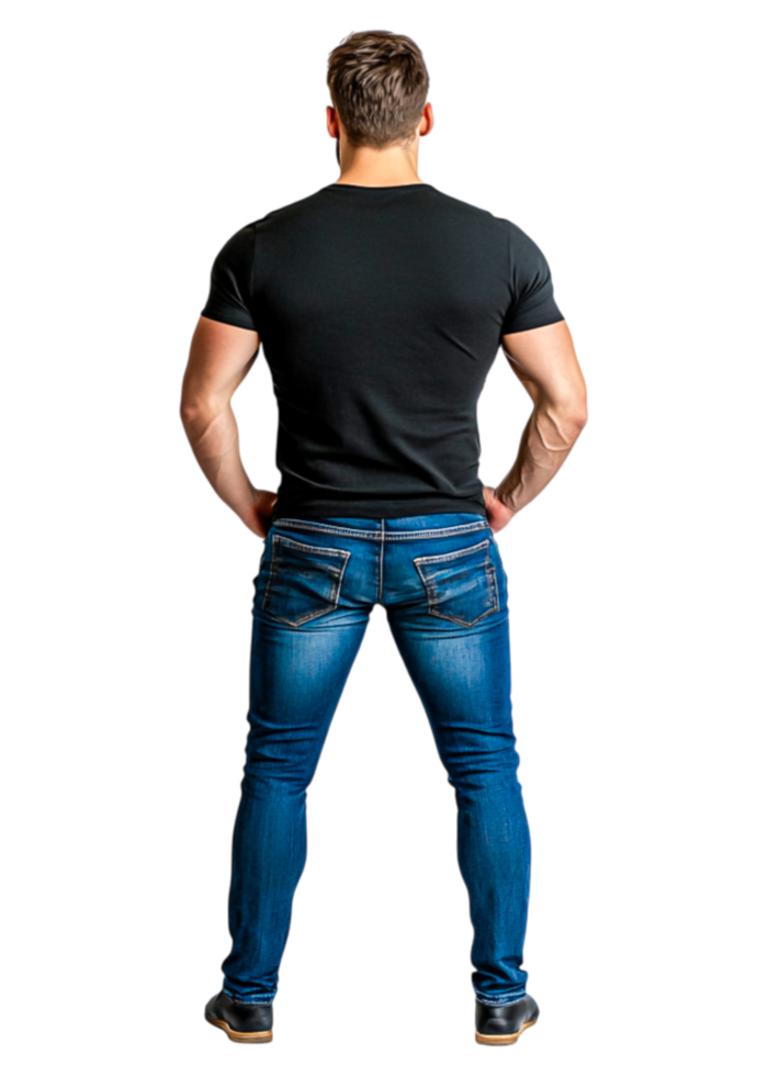Strong Man in Black Shirt and Blue Jeans from Rear View Perspective png