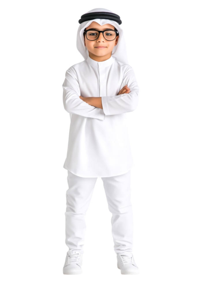 Young Boy in Traditional Emirati Attire with Glasses and Confident Pose png