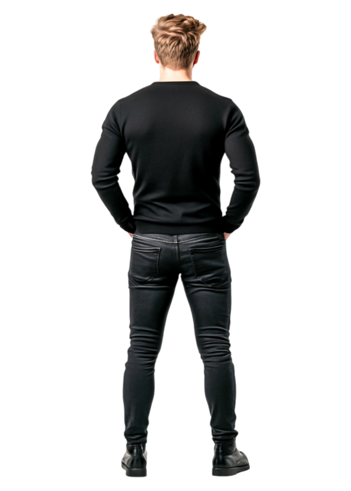 Man in Black Sweater and Jeans Posing with His Back Towards Camera png