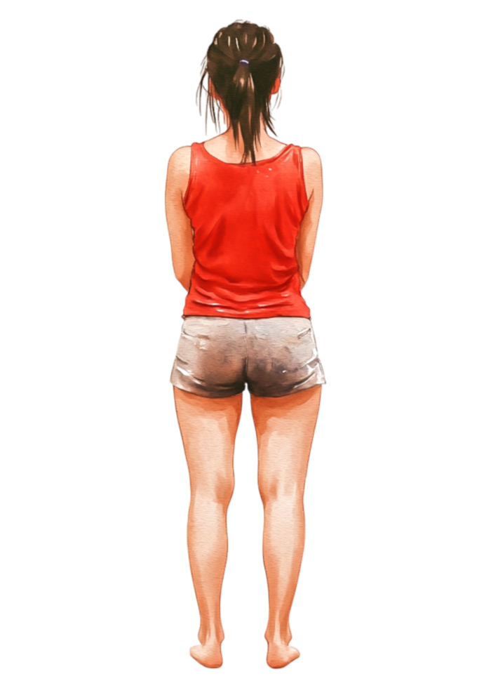 Young Woman in Red Top and Shorts Standing with Back Towards Camera png