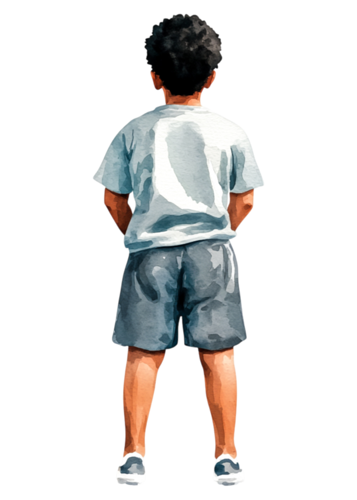 Young Boy in Casual Attire Facing Away in Watercolor Style Illustration png