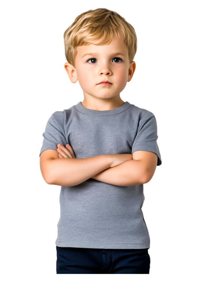 Young Boy with Hands Crossed in Gray T-Shirt on Plain Background png