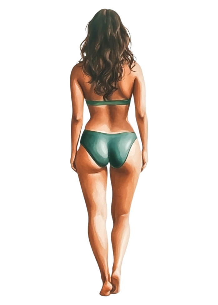 Woman in Green Bikini Walking Beachside from the Back View png
