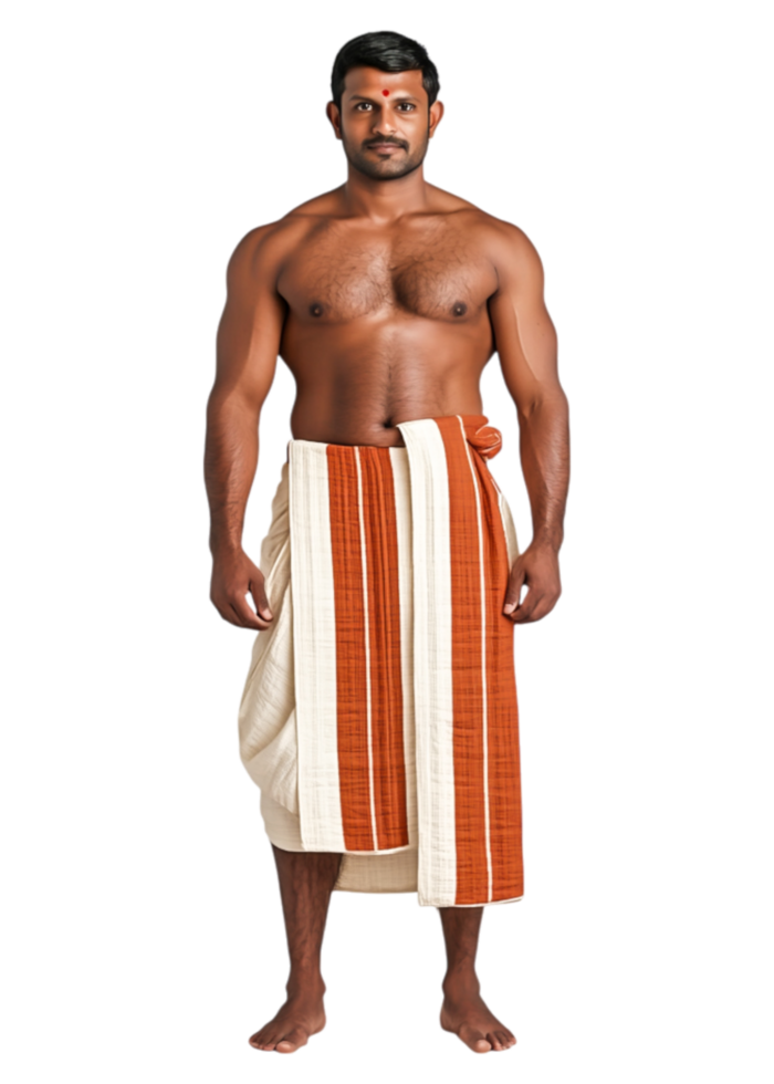 Traditional Male Attire from South Asia with White and Orange Drapes png