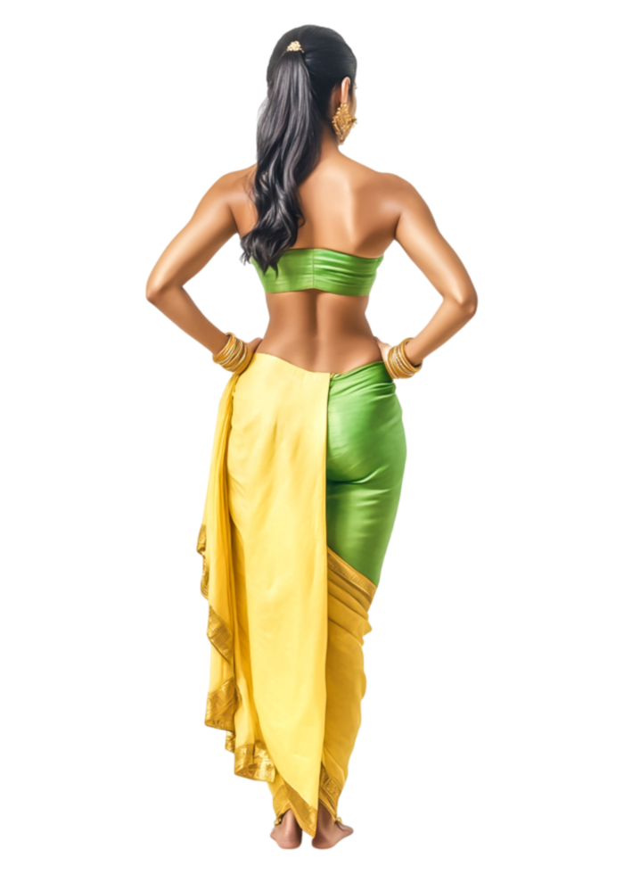 Elegant Woman in Traditional Green and Yellow Saree from Back View png