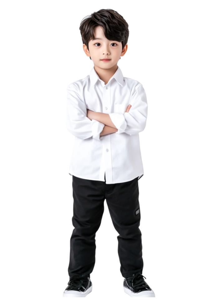 Confident Young Boy in White Shirt and Black Pants Standing Alone png