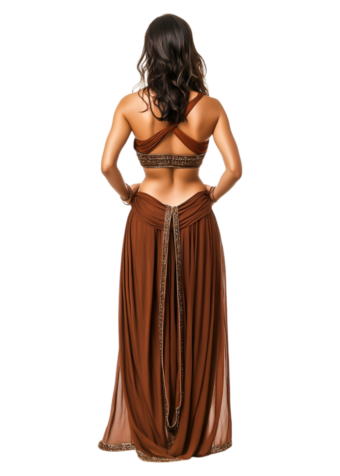 Elegant Woman in Brown Evening Dress with Back View Pose png