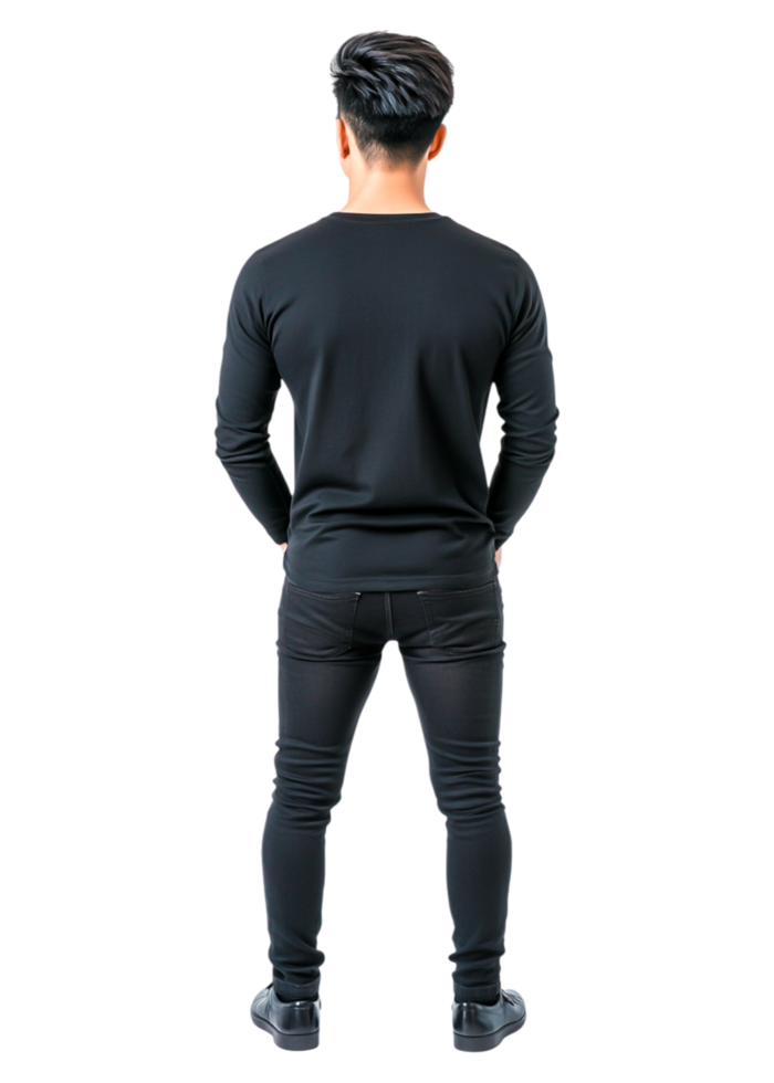 Young Man in Black Clothing Posing with Back to Camera in Studio png
