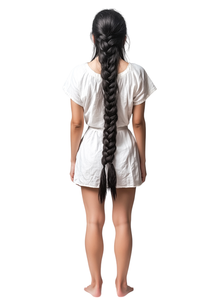 Woman with Long Braid in Casual White Dress from Back View png